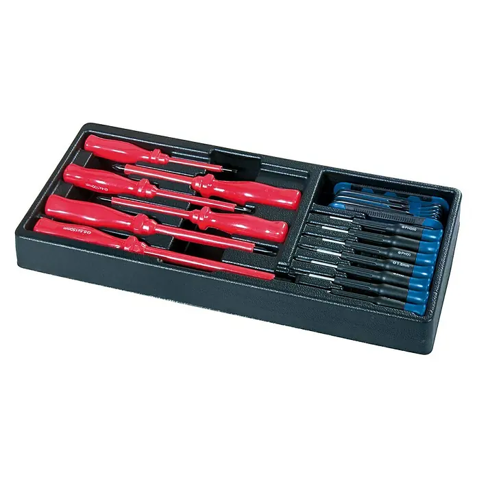 Scheppach Werkstattwagen TW 1000 - L x B x H: 77 x 46 x 97 cm, Stahl, 263 -tlg. - Ein schwarzer Werkzeugkasten mit einer Auswahl an Schraubendrehern mit roten Griffen und blauen Schraubendrehern in verschiedenen Größen.