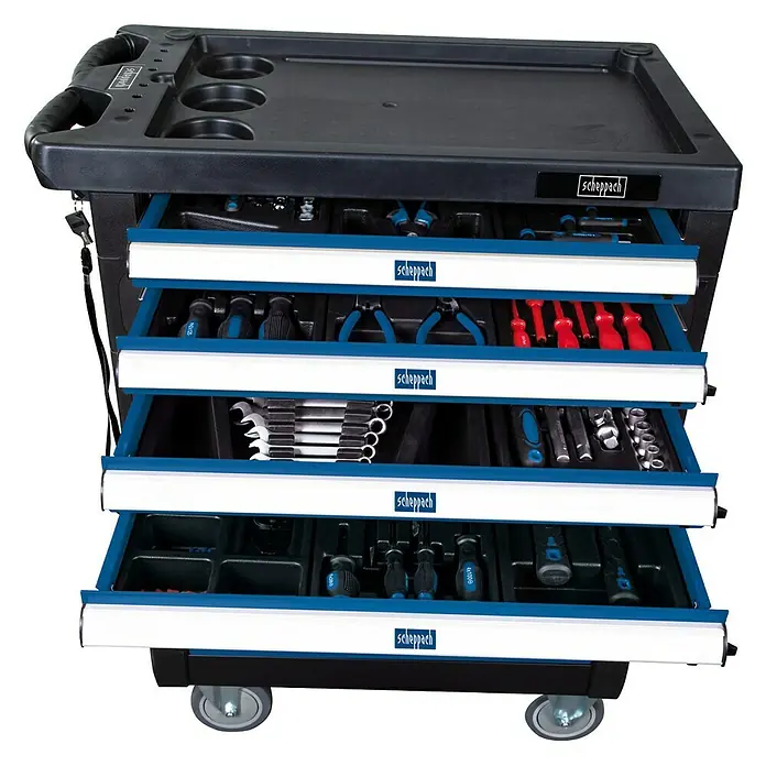 Scheppach Werkstattwagen TW 1000 - L x B x H: 77 x 46 x 97 cm, Stahl, 263 -tlg. - Werkzeugwagen von Scheppach mit mehreren Schubladen zur Aufbewahrung von Werkzeugen. Der Wagen hat Rollen für einfachen Transport.