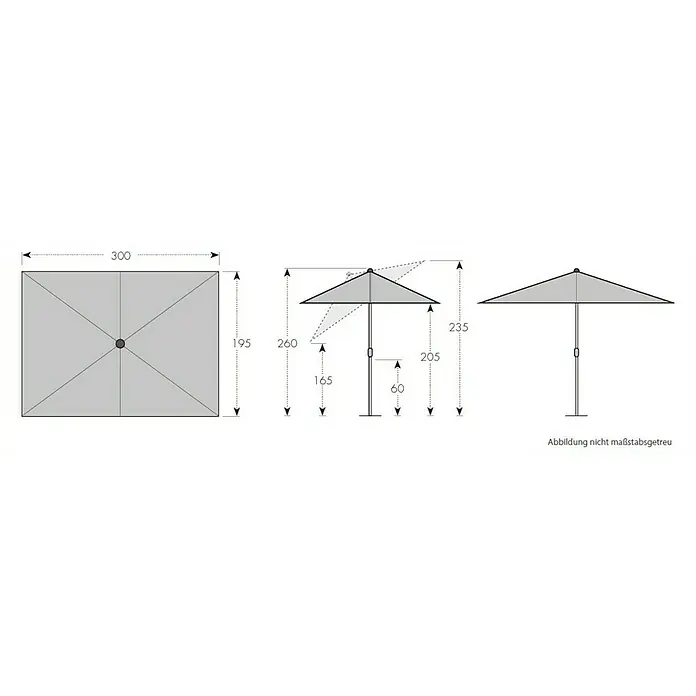 Doppler Expert Marktschirm Auto Tilt - Natur, Bespannungsmaß (L x B): 300 x 200 cm - Schema eines rechteckigen Sonnenschirms mit Maßangaben zu Höhe, Breite und Spannweite.