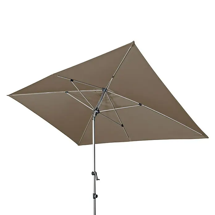 Doppler Expert Marktschirm Auto Tilt - Greige, Bespannungsmaß (L x B): 300 x 200 cm - Hier ist ein Bild eines rechteckigen Sonnenschirms in neutraler Farbe mit einem Metallständer.