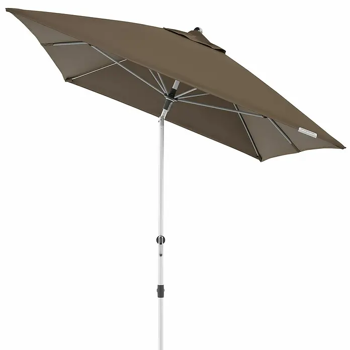 Doppler Expert Marktschirm Auto Tilt - Greige, Bespannungsmaß (L x B): 300 x 200 cm - Hier sehen wir einen rechteckigen Sonnenschirm in Braun mit einem silbernen Ständer, ideal für den Außenbereich.