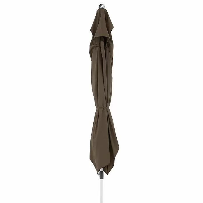 Doppler Expert Marktschirm Auto Tilt - Greige, Bespannungsmaß (L x B): 300 x 200 cm - Brauner Stoff-Sonnenschirm, ordentlich gefaltet und gebunden, mit silberner Stange.