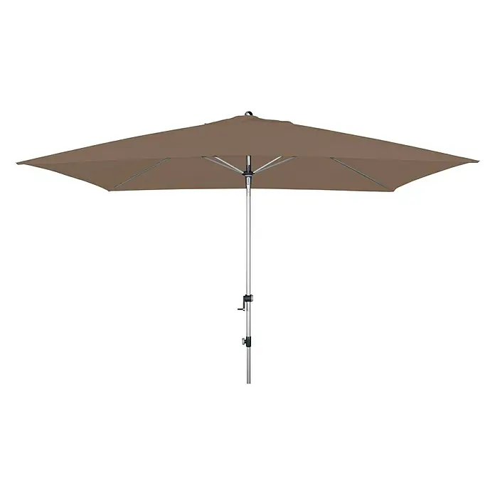 Doppler Expert Marktschirm Auto Tilt - Greige, Bespannungsmaß (L x B): 300 x 200 cm - Aufnahme eines rechteckigen Sonnenschirms in Braun mit einem silbernen Ständer auf schwarzem Hintergrund.