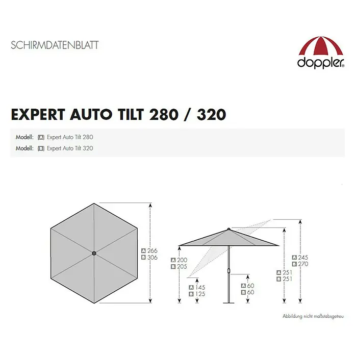 Doppler Expert Marktschirm rund Auto Tilt - Anthrazit, Durchmesser Bespannung: 320 cm - Schematische Darstellung des Doppler Expert Auto Tilt Sonnenschirms 280/320 mit Maßangaben zu Höhe und Durchmesser.
