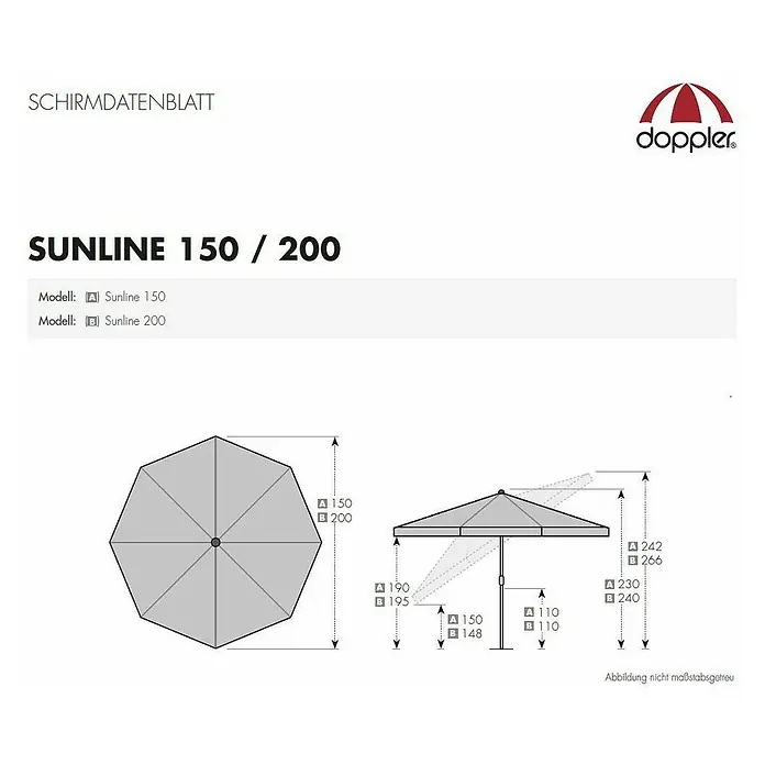 Doppler Sunline Marktschirm rund Neo - Umbra, Durchmesser Bespannung: 150 cm - Produktskizze des Sonnenschirms Sunline 150/200 mit Maßen, dargestellt in Draufsicht und Seitenansicht, mit Größenangaben für beide Modelle.