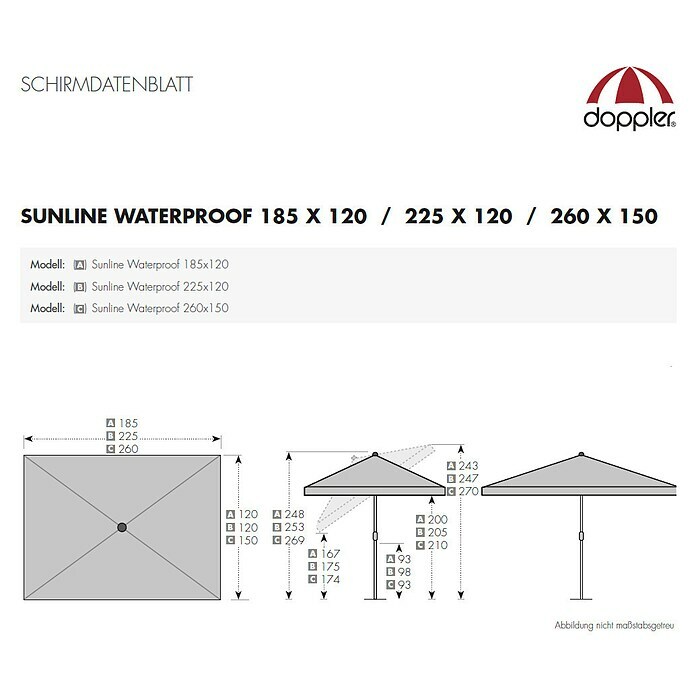 Doppler Sunline Sonnenschirm Waterproof NeoRot, 225 x 120 cm Sketch