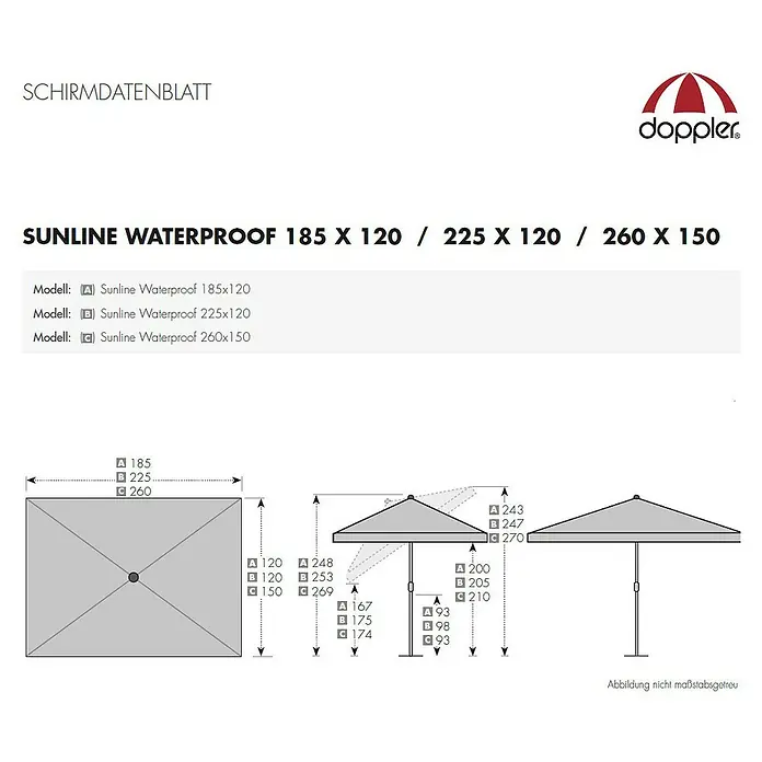 Doppler Sunline Marktschirm Waterproof Neo - Terra, Bespannungsmaß (L x B): 225 x 120 cm - Produktskizze des Sunline Waterproof Sonnenschirms in verschiedenen Größen, mit Maßangaben für jede Variante.