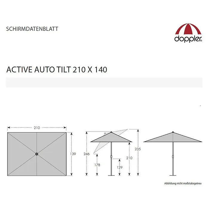 Doppler Active Marktschirm Auto Tilt - Fresh Green, Bespannungsmaß (L x B): 210 x 140 cm - Produktdatenblatt für den ACTIVE AUTO TILT 210 x 140 Sonnenschirm mit Abmessungen und technischen Details zur einfachen Auswahl.