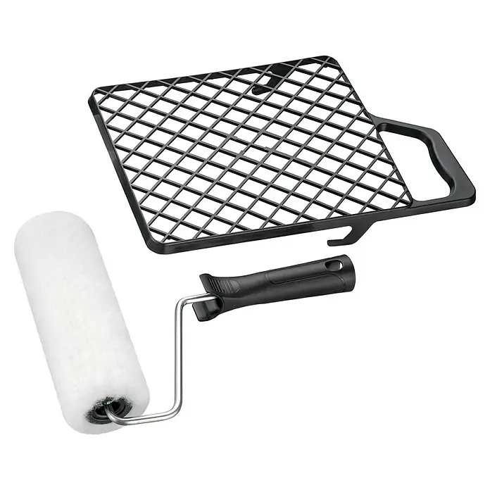 Farbroller-Set - 3 -tlg., Breite Walze: 18 cm - Abgebildet sind eine Farbwalze mit Griff und ein Abstreifgitter für Farbe. Das Set ist ideal für Malerarbeiten im Innenbereich.