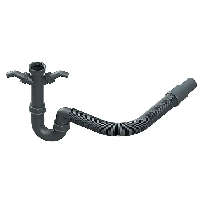 Admiral Spültisch-Siphon - 1 ½″, DN 50/40, Schrauben, Anthrazit - Grauer Siphon mit einem flexiblen Schlauch und zwei Anschlüssen für eine Doppelspüle. Ein robuster Abfluss für den Küchenbereich.