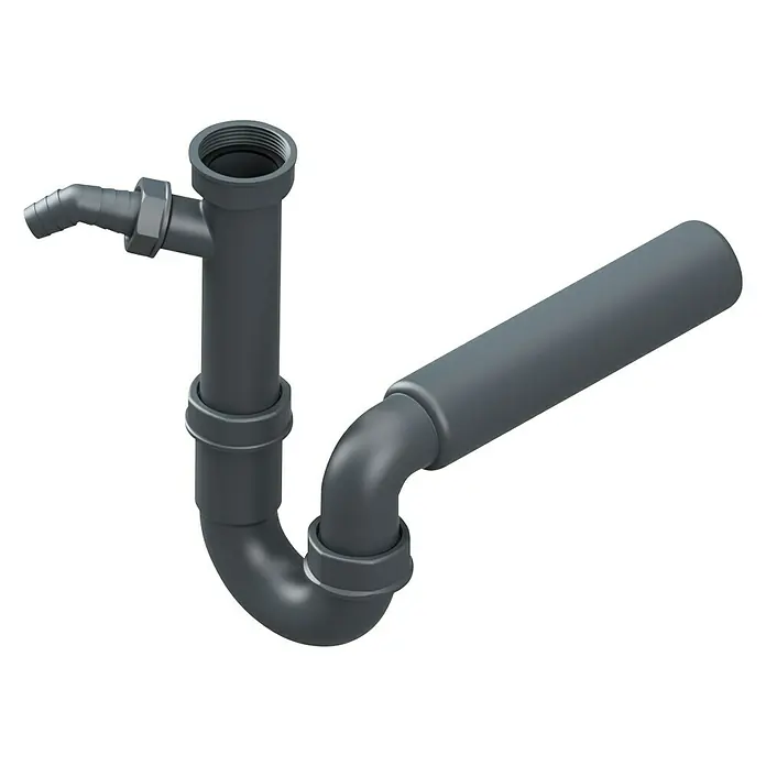 Admiral Röhrensiphon - 1 ½″, Kunststoff, Anthrazit, DN 50 - Nahaufnahme eines grauen PVC-Siphons für Waschbecken mit Gewindeanschluss und seitlichem Abflussrohr.