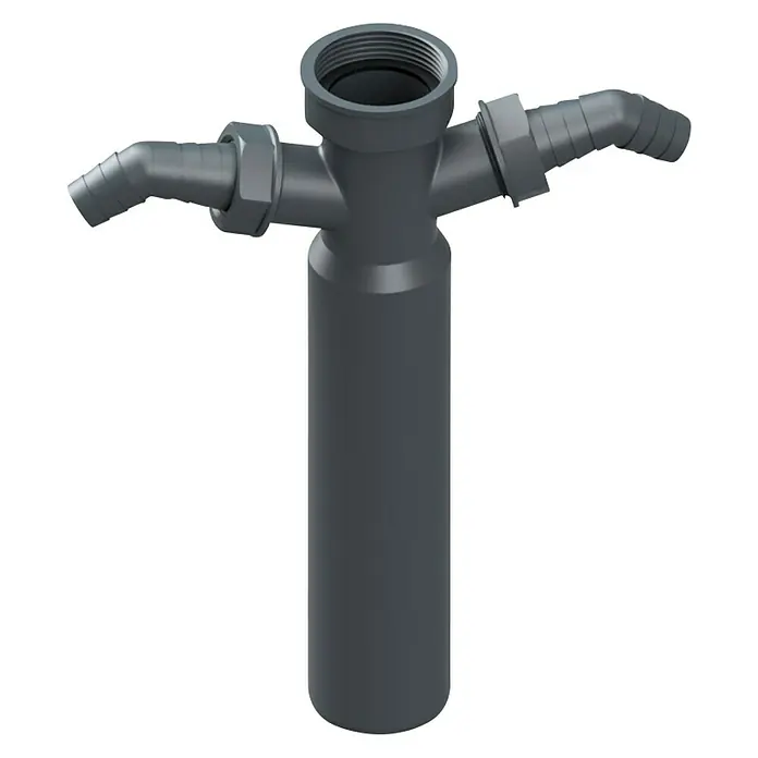 Admiral Verstellrohr - 1 ½″, DN 50, Länge: 25 cm, 2 x Geräteanschluss, Anthrazit - Das Bild zeigt einen grauen Abwasser-Siphon mit drei Anschlüssen, ideal für Spülen oder Waschbecken, mit Gewinde oben und seitlichen Schlauchanschlüssen.