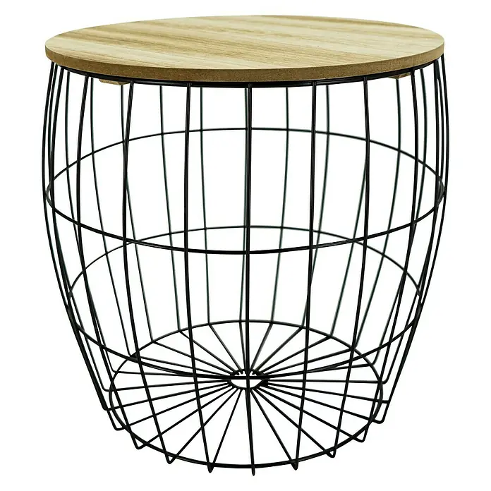 Beistelltisch - Ø x H: 35 x 37 cm, Mitteldichte Holzfaserplatte (MDF) - Schwarzer Drahtkorbtisch mit einer runden Holzplatte, ideal als Beistelltisch oder dekoratives Element. Robust und stilvoll.