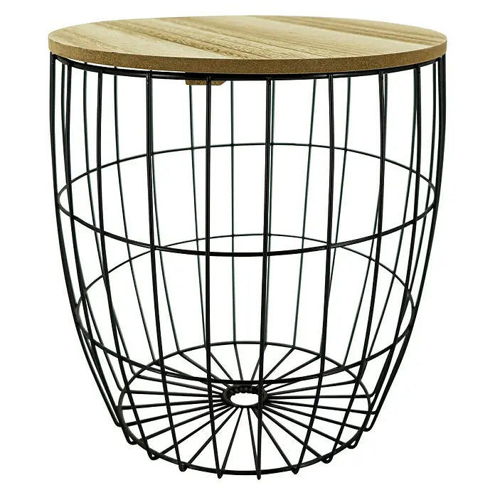 Beistelltisch - Ø x H: 30 x 32 cm, Mitteldichte Holzfaserplatte (MDF) - Dieser Beistelltisch kombiniert eine natürliche Holzplatte mit einem modernen, schwarzen Drahtgestell. Ideal als Ablagefläche oder stilvoller Aufbewahrungskorb.