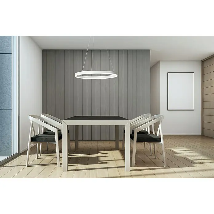 Direct Signs LED-Pendelleuchte Noble - Durchmesser: 800 mm, Weiß - Esszimmer mit Esstisch und Stühlen, beleuchtet von einer modernen Ringlampe. Ein stilvolles Ambiente für gemütliche Stunden.