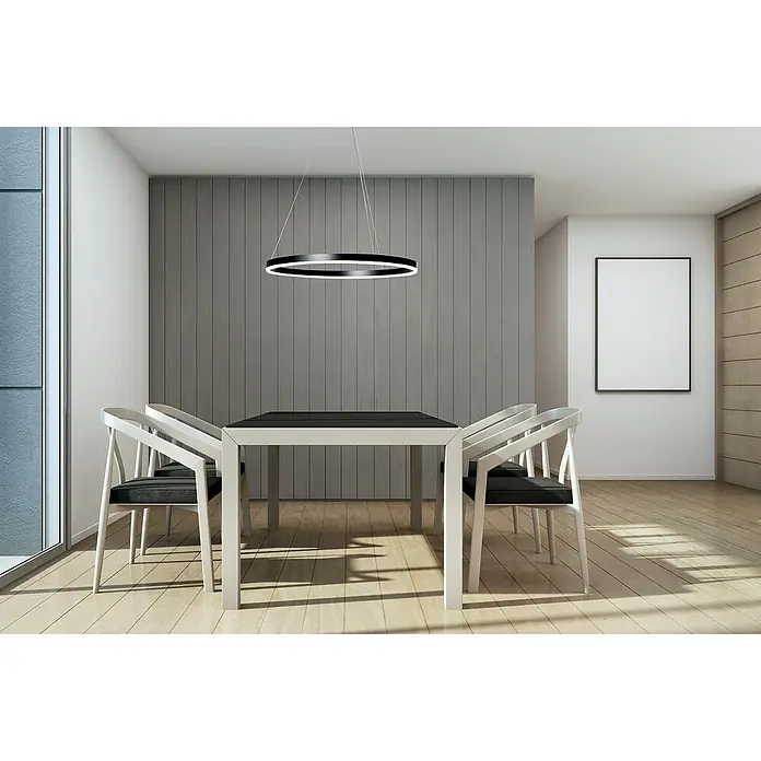 Direct Signs LED-Pendelleuchte Noble - Durchmesser: 800 mm, Schwarz - Esszimmer mit einem Tisch mit vier Stühlen und einer modernen runden Hängelampe, die den Raum beleuchtet und eine stilvolle Atmosphäre schafft.