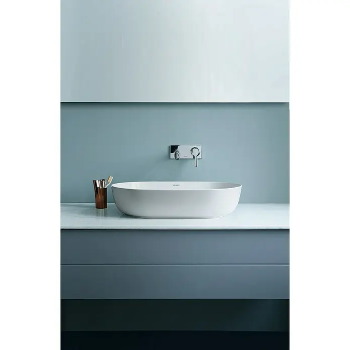 Duravit Luv Aufsatzwaschbecken - 60 x 40 cm, Ohne Spezialglasur, Hahnloch: Ohne, Ohne Überlauf, Weiß - Ein modernes Badezimmerwaschbecken von Duravit, stilvoll und minimalistisch. Das Waschbecken ist weiß und hat eine ovale Form.