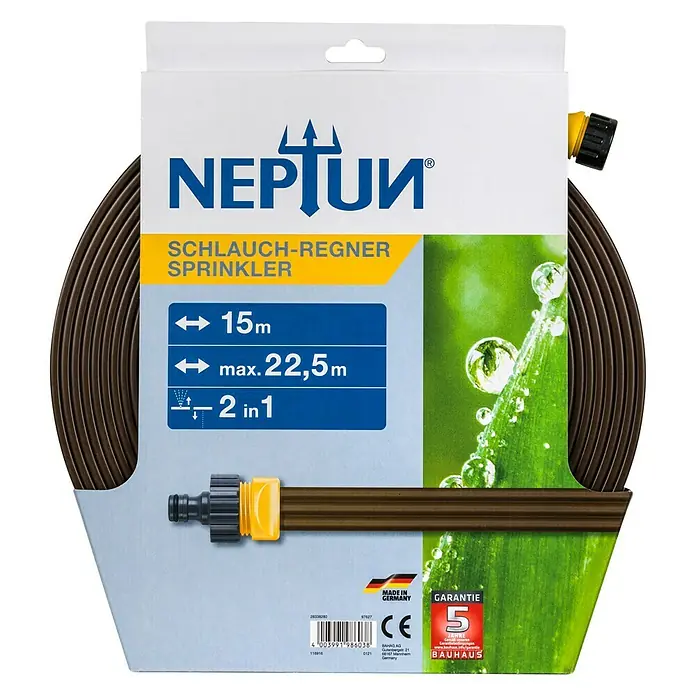 Neptun Schlauchregner Sprinkler - Länge: 15 m - Abbildung eines Neptun-Schlauchregners, der eine Reichweite von 15 bis 22,5 Metern hat und zwei Funktionen in einem bietet.