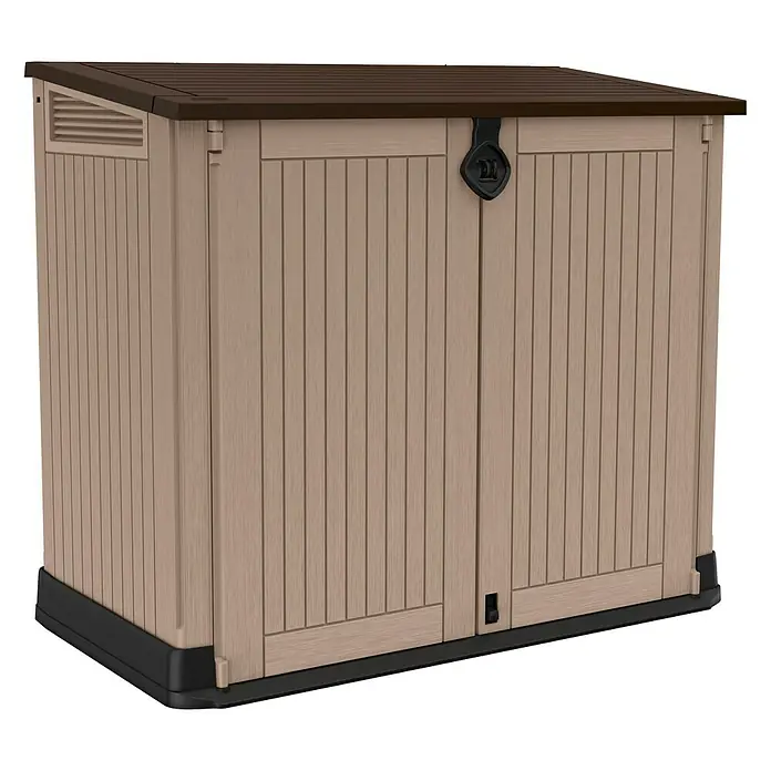 Keter Arcón Store It Out Midi - L x An x Al: 71,5 x 132 x 113,5 cm, Beige/Marrón, Plástico - Una caseta de jardín espaciosa en marrón y beige, ideal para guardar herramientas y accesorios de jardín. La caseta ofrece una solución práctica para cualquier jardín.