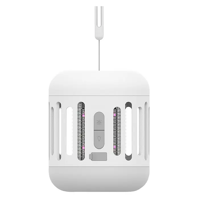 Coati Antimosquitos portátil con luz LED - Gancho para colgar - La imagen muestra un matamoscas blanco colgante con luz UV y un diseño simple. Perfecto para uso interior y exterior.