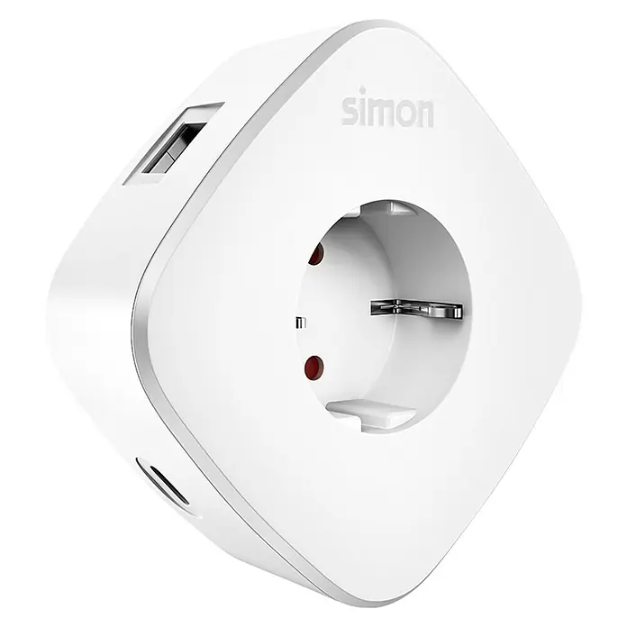 Simon Adaptador USB y toma de conexión - Blanco - Adaptador de enchufe Simon blanco con puerto USB, ideal para viajes y uso diario. Diseño compacto y aplicaciones versátiles.
