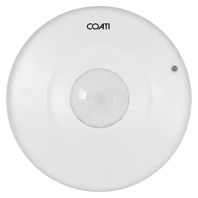 Coati Sensor de movimiento techo - Alcance sensor: 10 m, Blanco, Ángulo de detección sensor: 360 ° - Primer plano de un sensor de movimiento COATI. Un dispositivo circular blanco con una lente en el centro y el nombre de la marca en la parte superior.