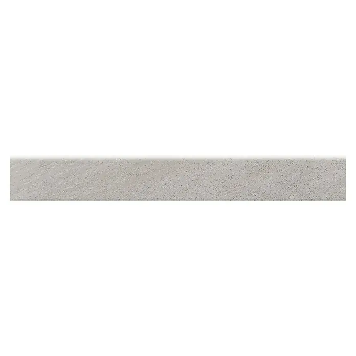 Zócalo cerámico Milano - 8 x 60 cm, Blanco, Mate - Un bordillo plano rectangular hecho de piedra gris veteada, ideal para senderos de jardinería o como elemento decorativo de jardín.