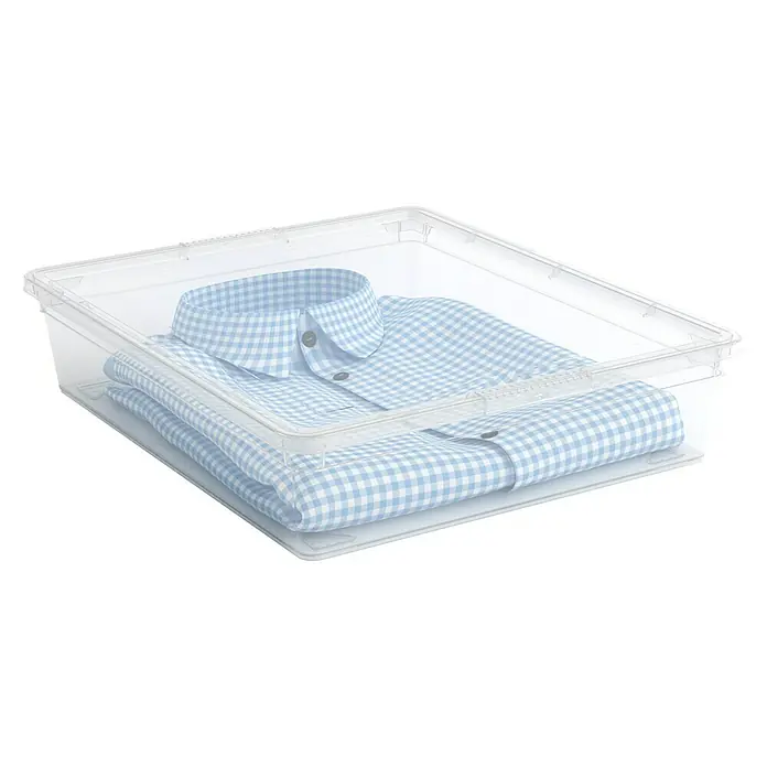 KIS Aufbewahrungsbox C Box Flat - L x B x H: 40 x 34 x 9 cm, Kunststoff, Transparent - Transparente Aufbewahrungsbox mit blau-weiß karierten Hemden, ideal für die ordentliche Aufbewahrung von Kleidung und Textilien im Haushalt.