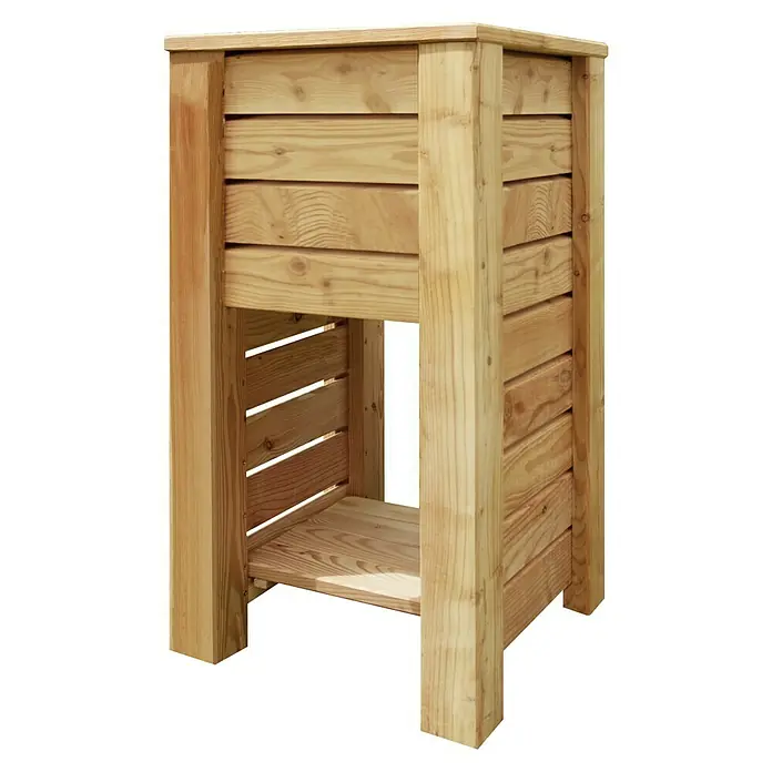 Hochbeet Rhombus - 40 x 40 x 75 cm, Holz, Braun - Nahaufnahme eines hölzernen Pflanzgefäßes mit Regalboden, ideal für Garten oder Terrasse. Das robuste Design bietet sowohl Stauraum als auch eine schöne Präsentation.