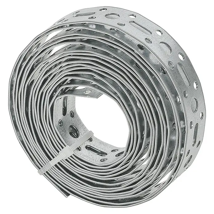 Stabilit Montageband - L x B: 3 m x 20 mm, Stärke: 1 mm, Stahl - Metallband mit Löchern aufgerollt, mit Kabelbinder fixiert. Zum Befestigen von Rohren, Kabeln oder anderen Gegenständen.