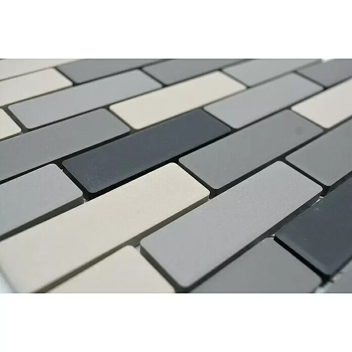 Mosaikfliese Brick Mix BR555 - 26,1 x 29 cm, Grau/Beige, Matt - Mosaikplatte mit rechteckigen Fliesen in Grau- und Beigetönen, Ziegelmuster.