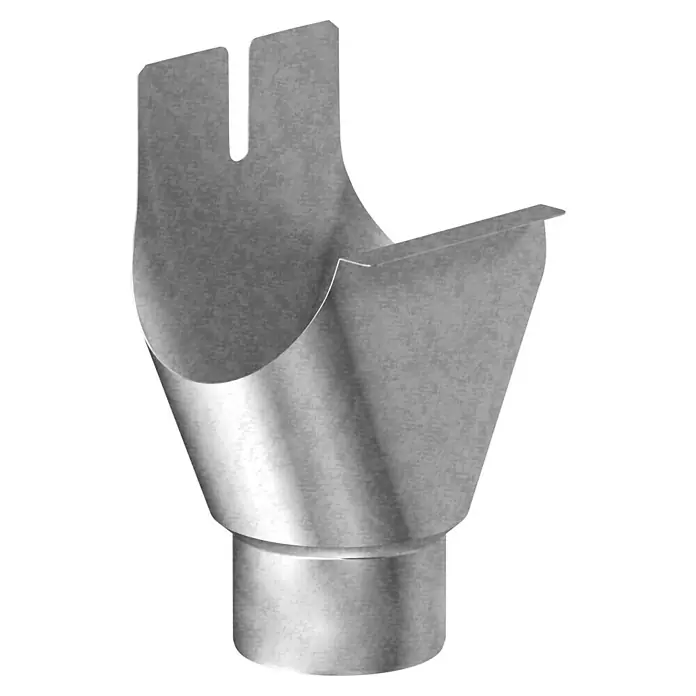 Sarei Rinnenstutzen - 80/60 mm, Stahl, Verzinkt - Detailaufnahme eines metallischen Regenrinnenkastens, der für die Installation an Dachentwässerungssystemen konzipiert ist.