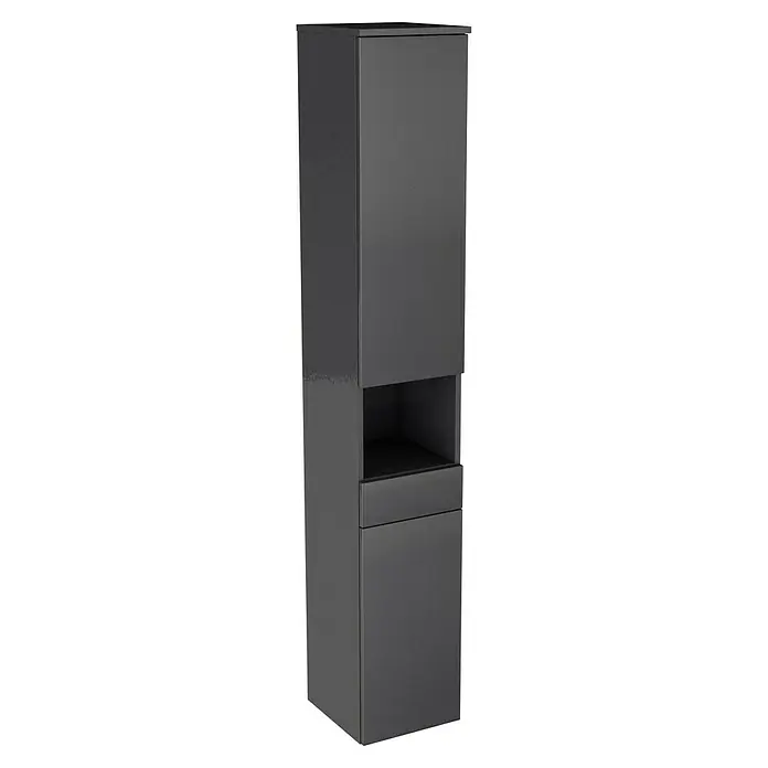 Camargue Star Hochschrank - 30,4 x 32,5 x 181,6 cm, Grafit, DIN Anschlag: Links - Moderner Badezimmerschrank in dunkler Farbe mit offenem Fach und Schublade für zusätzlichen Stauraum im Badezimmer.