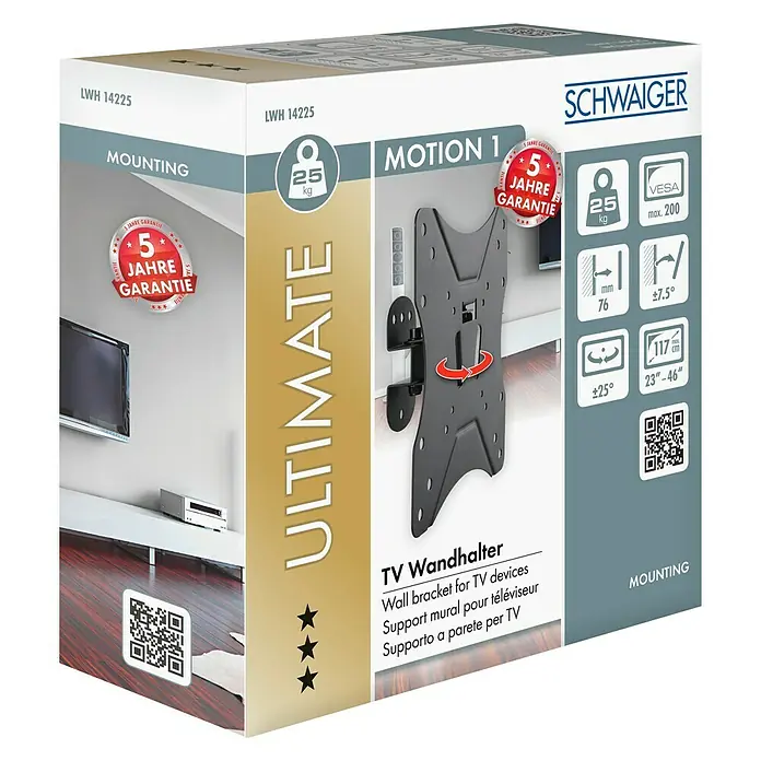 Schwaiger TV-Wandhalterung Motion 1 - Passend für: Bildschirmdiagonale 23 - 46″, Belastbarkeit: 25 kg - Verpackung der Schwaiger Ultimate Motion 1 TV-Wandhalterung für Geräte von 23 bis 46 Zoll, maximale Traglast 25 kg.