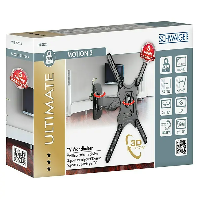 Schwaiger TV-Wandhalterung Motion 3 - Passend für: Bildschirmdiagonale 32 - 75″, Belastbarkeit: 35 kg - Produktverpackung: Schwaiger TV Wandhalterung Motion 3 Ultimate für Fernseher von 23 bis 75 Zoll und bis zu 35 kg.