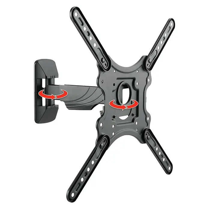 Schwaiger TV-Wandhalterung Motion 3 - Passend für: Bildschirmdiagonale 32 - 75″, Belastbarkeit: 35 kg - Nahaufnahme einer schwenkbaren TV-Wandhalterung aus schwarzem Metall, die die Drehbewegung des Fernsehers hervorhebt, um optimale Sicht zu gewährleisten.