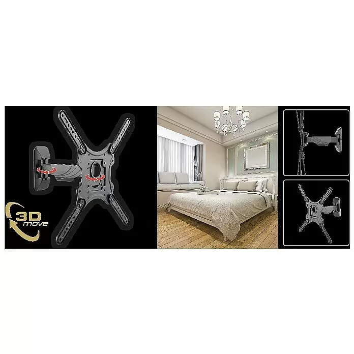 Schwaiger TV-Wandhalterung Motion 3 - Passend für: Bildschirmdiagonale 32 - 75″, Belastbarkeit: 35 kg - Graue schwenkbare TV-Wandhalterung mit 3D-Bewegung und verstellbarem Arm, gezeigt in einem Schlafzimmer.