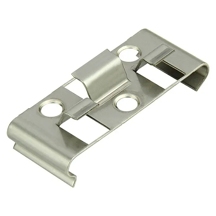 Kovalex Befestigungsclips - Silber, Stahl - Das Bild zeigt eine Metallschnalle mit Löchern und einer Klammer in der Mitte, ideal für Befestigungen.
