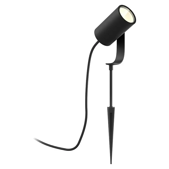 Philips Hue LED-Gartenspot Lily - 8 W, Anthrazit, IP65 - Bilder einer eleganten, schwarzen Gartenleuchte mit Erdspieß. Die Leuchte ist schwenkbar und strahlt warmes Licht aus.