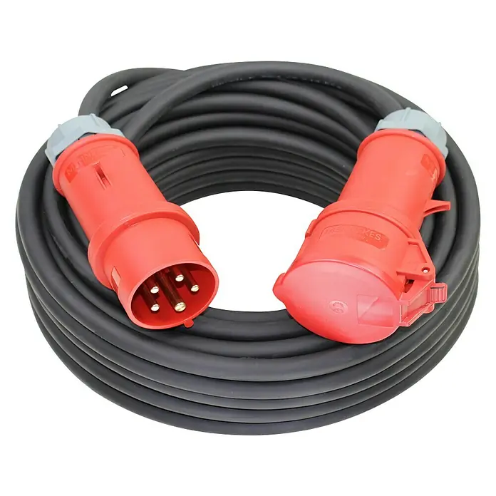 Mennekes CEE-Verlängerung - 16 A, Länge: 25 m, 400 V, Polanzahl: 5 Stk. - Schwarzes Starkstromkabel mit rotem Stecker und Kupplung für Drehstromanschlüsse, ideal für Baustellen.