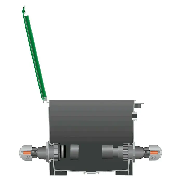 Gardena Sprinklersystem Verbinder - Durchmesser: 25 mm, Größe Anschluss: 1″ Innengewinde - Grafik einer Abwasser Hebeanlage mit grünem Schalter und zwei grauen Anschlüssen mit der Zahl 25.