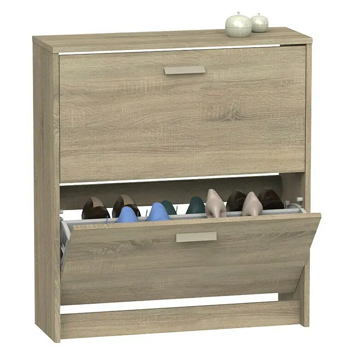 Muebles Pitarch Tibet Armario para ropa y zapatero - Roble - Un zapatero espacioso de madera clara con dos compartimentos, que ofrece un amplio espacio para guardar zapatos. Práctico y elegante para cualquier entrada.