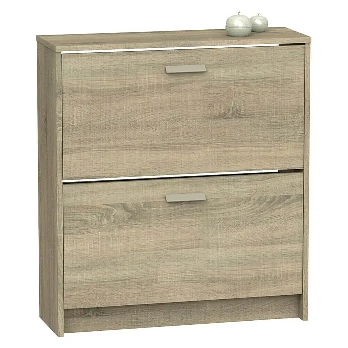 Muebles Pitarch Tibet Armario para ropa y zapatero - Roble - Un elegante zapatero en aspecto de madera clara con dos compartimentos ofrece un almacenamiento práctico para sus zapatos y un diseño atractivo.