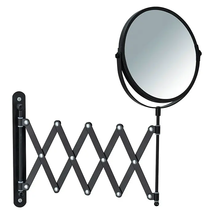 Wenko Espejo cosmético telescópico Exclusive - 1,9 x 3,85 cm, Diámetro: 17 cm, Redonda, Negro, Aumento 1: 300 % - Un espejo de maquillaje negro extensible de pared con un espejo redondo sobre un fondo negro.