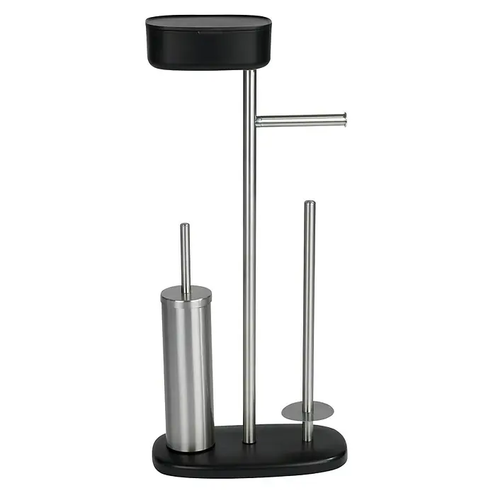 Wenko WC-Kombi-Bürstengarnitur - 17 x 32 x 72,5 cm, Edelstahl, Schwarz - Badezimmer-Set mit Toilettenbürste, Papierhalter und Ablage in Schwarz und Silber für ein modernes Bad.