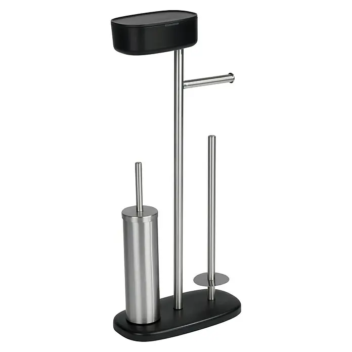 Wenko WC-Kombi-Bürstengarnitur - 17 x 32 x 72,5 cm, Edelstahl, Schwarz - Badezimmer-Accessoire-Set mit Toilettenbürste, Papierhalter und Ablage in Schwarz und Silber.