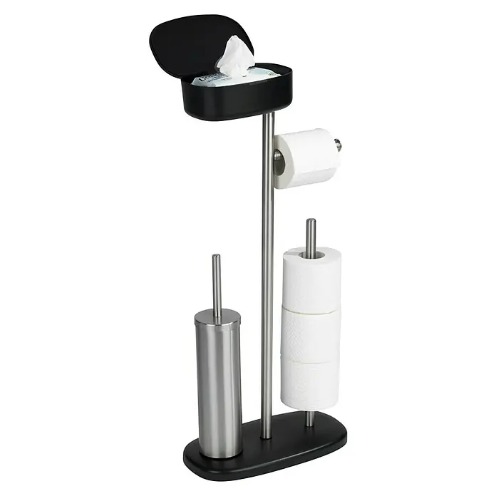 Wenko WC-Kombi-Bürstengarnitur - 17 x 32 x 72,5 cm, Edelstahl, Schwarz - Produktansicht eines freistehenden Toilettenpapierhalters mit Feuchttuchbox und Bürste in Silber und Schwarz.