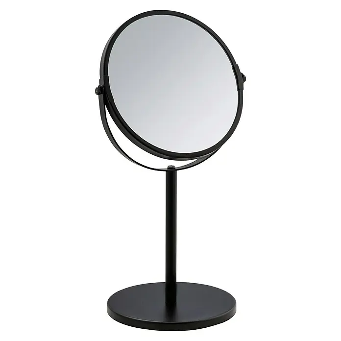Wenko Espejo cosmético Assisi - 18,5 x 34,5 cm, Diámetro: 17 cm, Redonda, Negro, Aumento 1: 300 % - Espejo de maquillaje negro con cristal redondo y base estable. Ideal para baño y cosméticos.