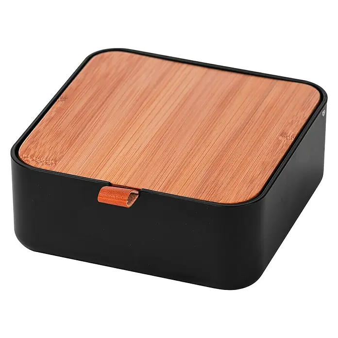 Wenko Aufbewahrungsbox Bovisa - 14 x 14 x 5,5 cm, Kunststoff, Schwarz - Schwarze quadratische Aufbewahrungsbox mit Bambusdeckel und braunem Lederverschluss für stilvolle Organisation.