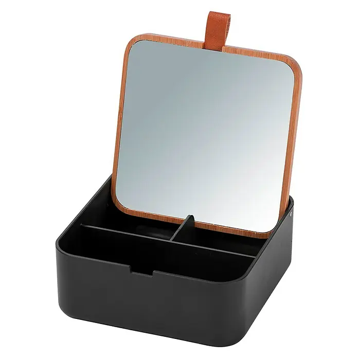 Wenko Aufbewahrungsbox Bovisa - 14 x 14 x 5,5 cm, Kunststoff, Schwarz - Nahaufnahme einer quadratischen, schwarzen Schmuckschatulle mit Fächern und einem Spiegeldeckel mit braunem Ledergriff.